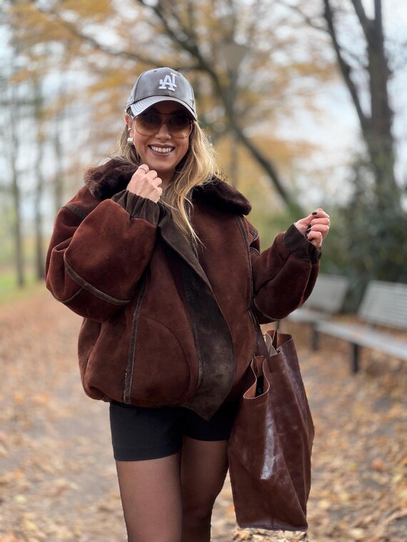 Vintage shearling coat brown patchwork jacket 100… - image 1