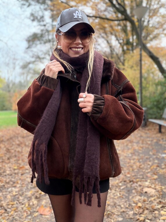 Vintage shearling coat brown patchwork jacket 100… - image 14