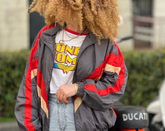 Yellow Grey Red Vintag Jacket Light Geometric Nylon Crumpled