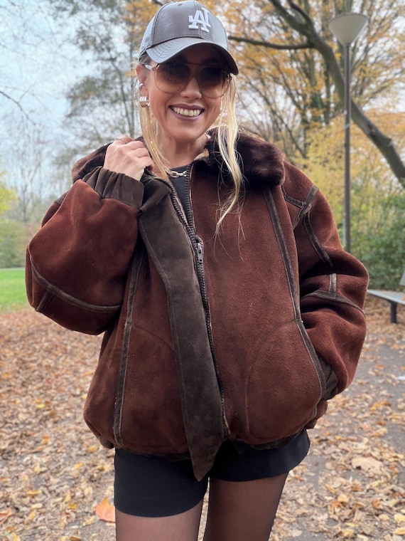 Vintage shearling coat brown patchwork jacket 100… - image 7