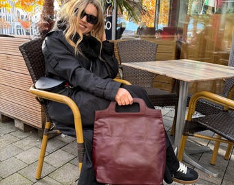 Vintage Burgundy Leather Tote Bag – Convertible Shopper & Clutch Must have hand bag red wine shadow Vintage statement piece