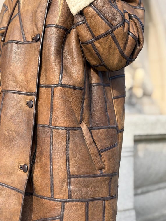Patchwork Shearling Coat | Brown Leather Wool She… - image 11