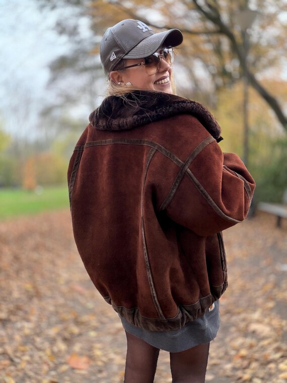 Vintage shearling coat brown patchwork jacket 100… - image 19