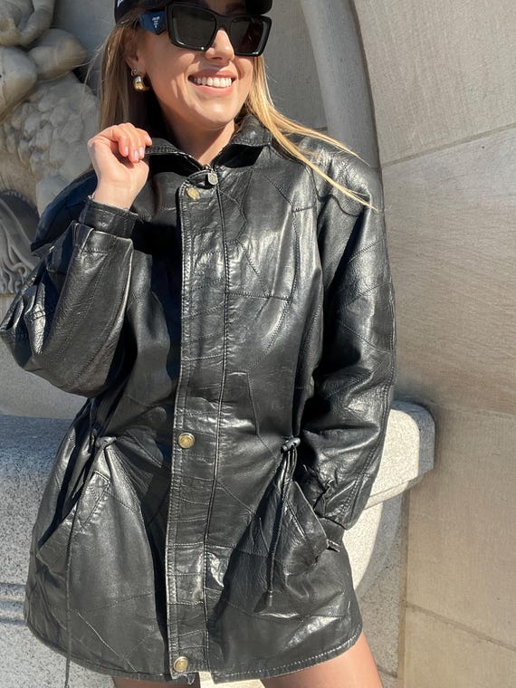 Unique black Genuine leather patchwork jacket Vin… - image 5