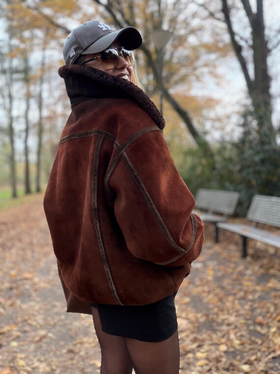 Vintage shearling coat brown patchwork jacket 100… - image 13