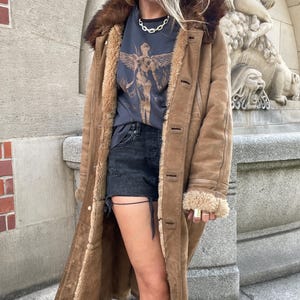 shearling vintage long coat 100% real natural sheepskin brown camel sheer fur woman  sheepskin wool maxi ranche oversize suede overcoat