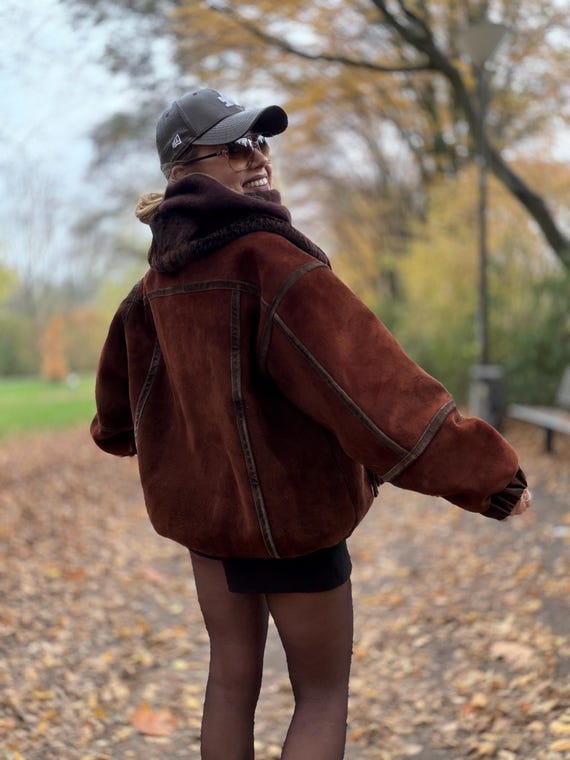 Vintage shearling coat brown patchwork jacket 100… - image 5