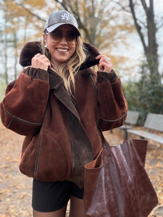 Vintage shearling coat brown patchwork jacket 100… - image 20