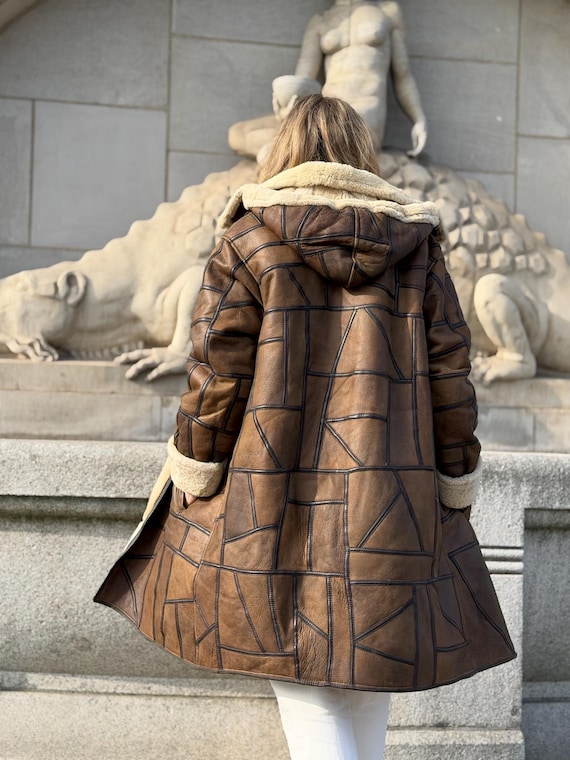 Patchwork Shearling Coat | Brown Leather Wool She… - image 2