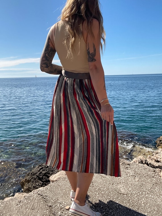 Multicolor Retro Skirt Vintage Midi Pleated Patterned Flared Flowy - Main Image
