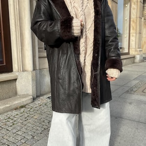 Vintage shearling coat long jacket 100% real natural sheepskin button brown size  L XL oversized western unisex leather sheep fur chocolate