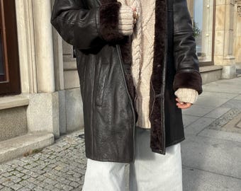 Vintage Shearling Coat, Long Brown Sheepskin Jacket, Oversized Western Style