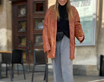 Vintage Genuine leather barn jacket woman man unisex Vintage oversize fitted retro blazer suit camel brown