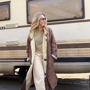 Abrigo de patchwork de piel de oveja vintage marrón chaqueta larga 100% piel de oveja natural auténtica abrigo de lana ranche y2k lammy mujer oversize piloto aviador