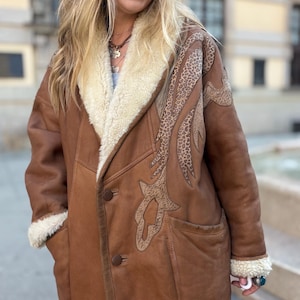shearling coat woman vintage camel beige with Leopard pattern jacket 100% real natural sheepskin fur wool ranche lammy