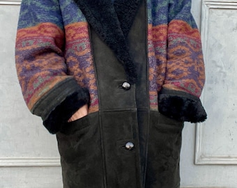 Vintage Aztec Shearling Coat | Boho Genuine Leather/suede Man Unisex Black with  patterns sherpa
