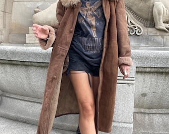 shearling coat long Penny lane style vintage natural sheepskin brown womans suede overcoat