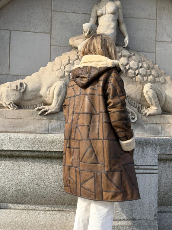 Patchwork Shearling Coat | Brown Leather Wool She… - image 13
