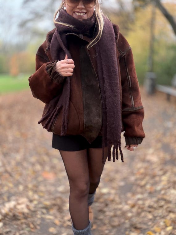 Vintage shearling coat brown patchwork jacket 100… - image 10