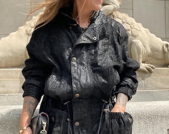 Vintage Black Leather Suede Coat: 80s-90s Oversized Biker Jacket