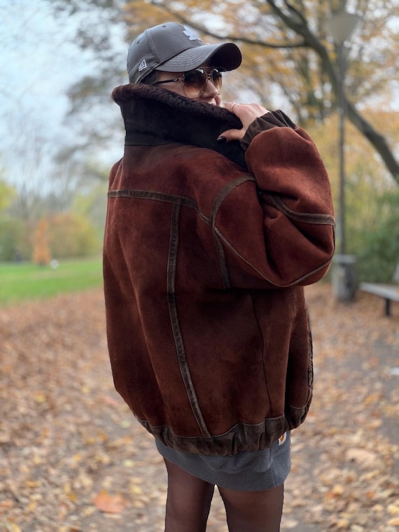 Vintage shearling coat brown patchwork jacket 100… - image 15