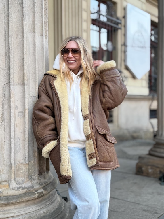Vintage Shearling Coat: Long Brown Sheepskin Jacket, Oversized Unisex Western