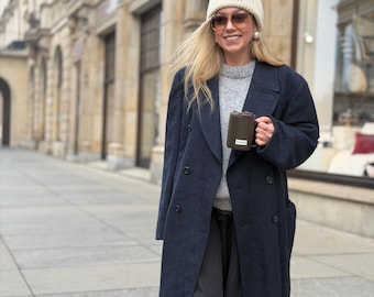 Wool coat Vintage navy blue Double-breasted overcoat oversize Classic retro woolen high quality women man unisex outfit