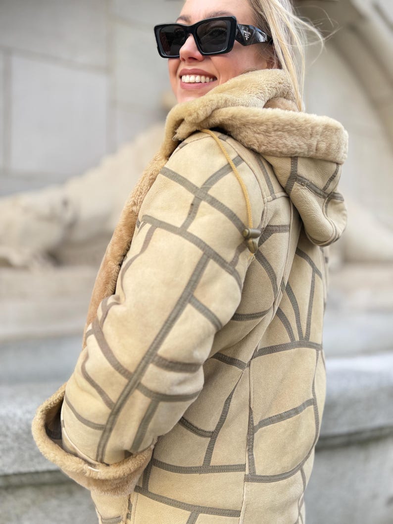 Shearling Jacket Pattern Vintage Patchwork Shearling Coat | Sand Beige With Hood | Women Jacket ...