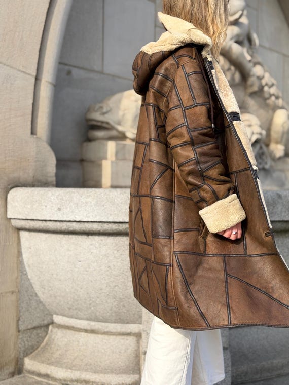 Patchwork Shearling Coat | Brown Leather Wool She… - image 7
