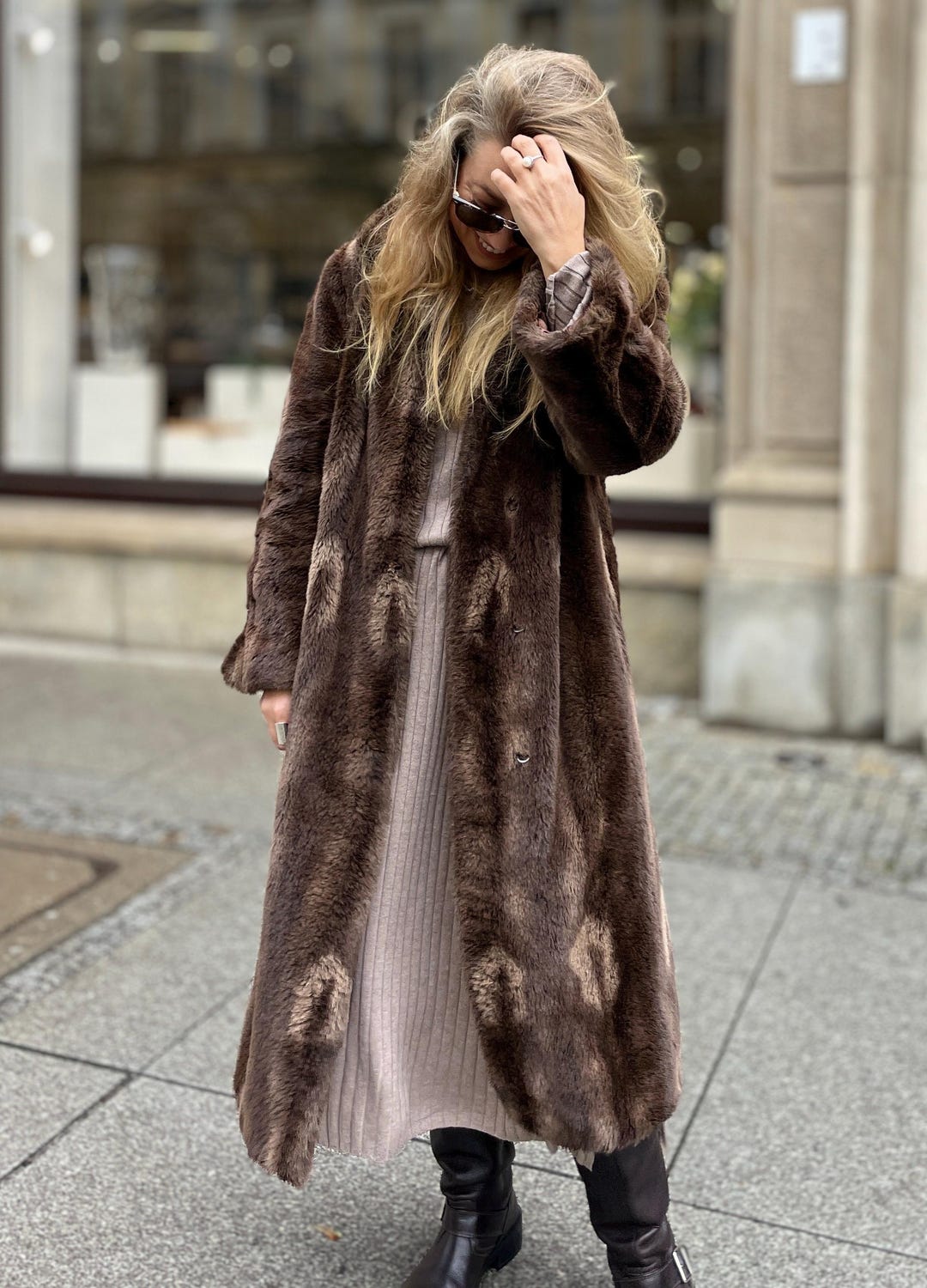 Long Faux Mink Fur Vintage Coat Brown and Beige Luxury Maxi Lenght