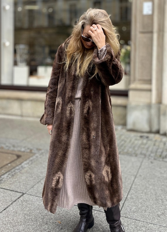 80s〜90s arrston volaju maxi coat Long Faux Mink Fur Vintage Coat Brown and Beige Luxury Maxi Lenght