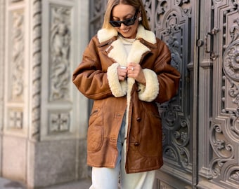 Vintage Camel Brown Shearling Coat | Premium Natural Sheepskin Wool Jacket woman Oversized Unisex Winter outwear