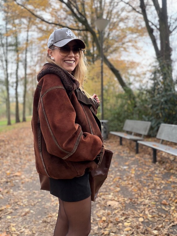 Vintage shearling coat brown patchwork jacket 100… - image 16