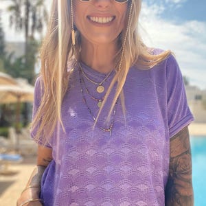 Unique lace lavender knit top short Sleeve lila blouse Vintage retro 70s  90s 80s y2k oldschool t-shirt v neck boho Hippie summer woman