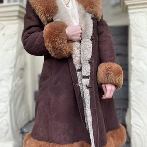 shearling vintage long Brown woman jacket 100% real natural sheepskin sheer fur penny Lane coat  wool camel maxi ranche boho hippie style