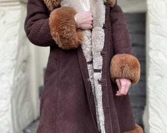 Woman shearling coat | long Brown  jacket |100% real natural sheepskin coat wool camel maxi ranche boho hippie style penny Lane VINTAGE !