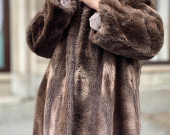 Long Faux Mink Fur Vintage Coat Brown and Beige Luxury Maxi Lenght