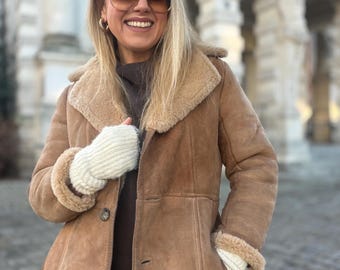 shearling coat vintage long jacket 100% real natural sheepskin camel beige size S | M womens western leather lammy suede