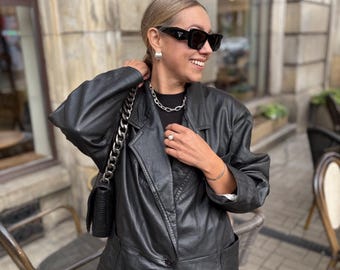 Italian 70s Black Leather Jacket by Stefano Guido Grunge Preppy