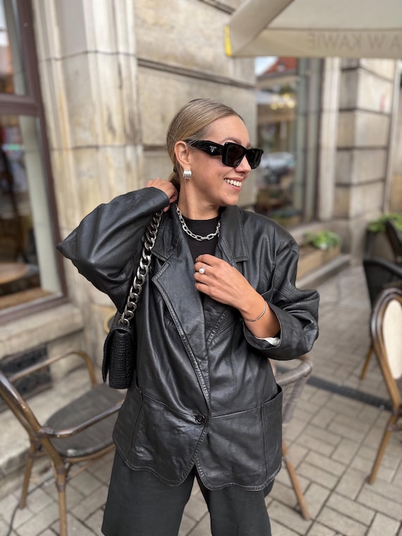 Vintage Black Leather Blazer, Oversized Retro 80s Italian Jacket