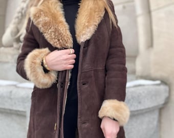 Shearling coat, vintage long Brown woman suede jacket 100% real natural sheepskin big fur collar penny Lane wool maxi ranche