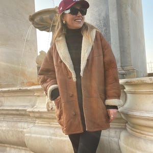 Shearling vintage woman light camel brown jacket 100% real natural sheepskin sheer fur coat wool overcoat ranche y2k lammy cinnamon beige
