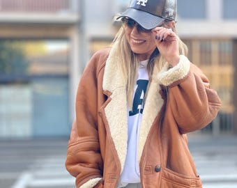 Vintage shearling coat light camel brown / beige for woman mid jacket 100% real natural sheepskin fur wool ranche lammy