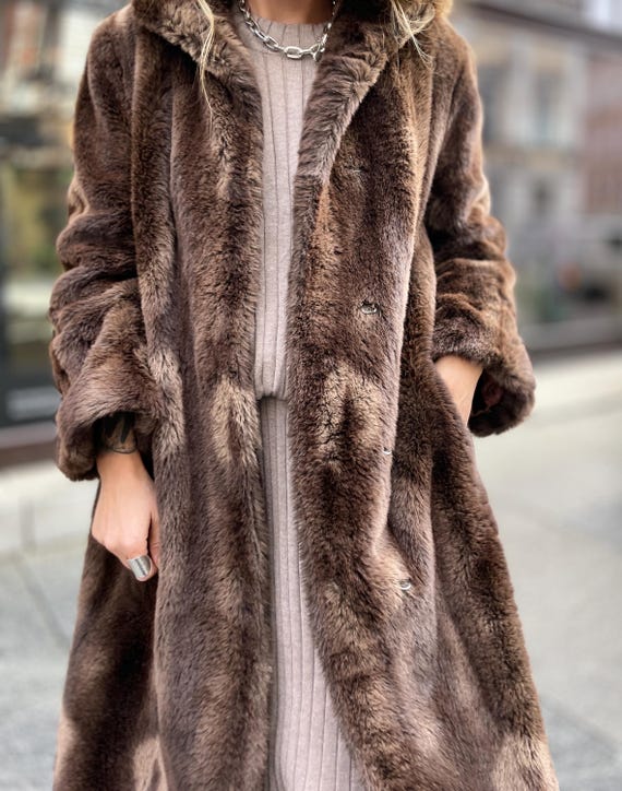Long Faux Mink Fur Vintage Coat Brown and Beige Luxury Maxi Lenght