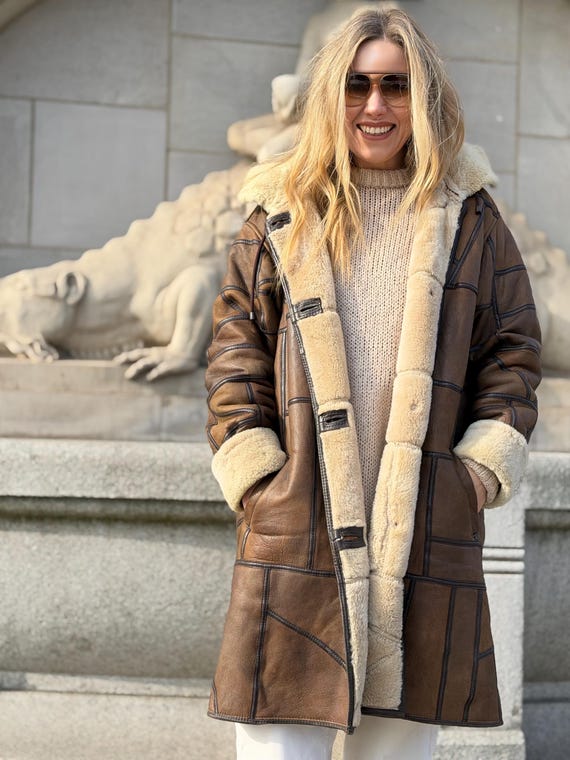 Patchwork Shearling Coat | Brown Leather Wool She… - image 12