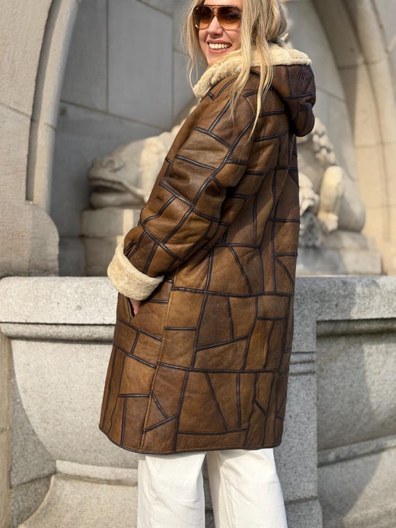 Patchwork Shearling Coat | Brown Leather Wool She… - image 17
