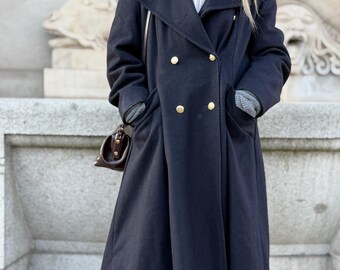 Elegante cappotto blu navy, soprabito vintage, classico cappotto retrò in lana, lungo fino a metà lunghezza, doppiopetto, bottoni dorati