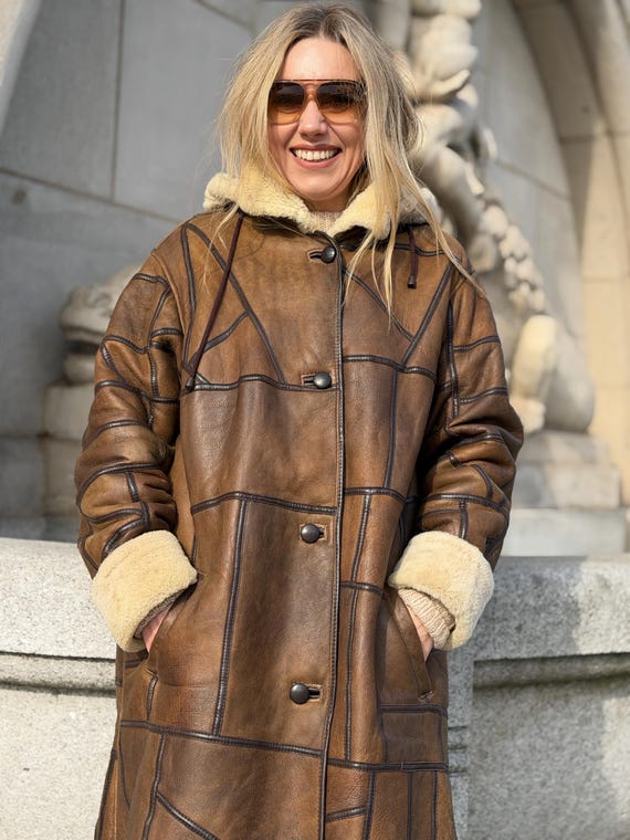 Patchwork Shearling Coat | Brown Leather Wool She… - image 5