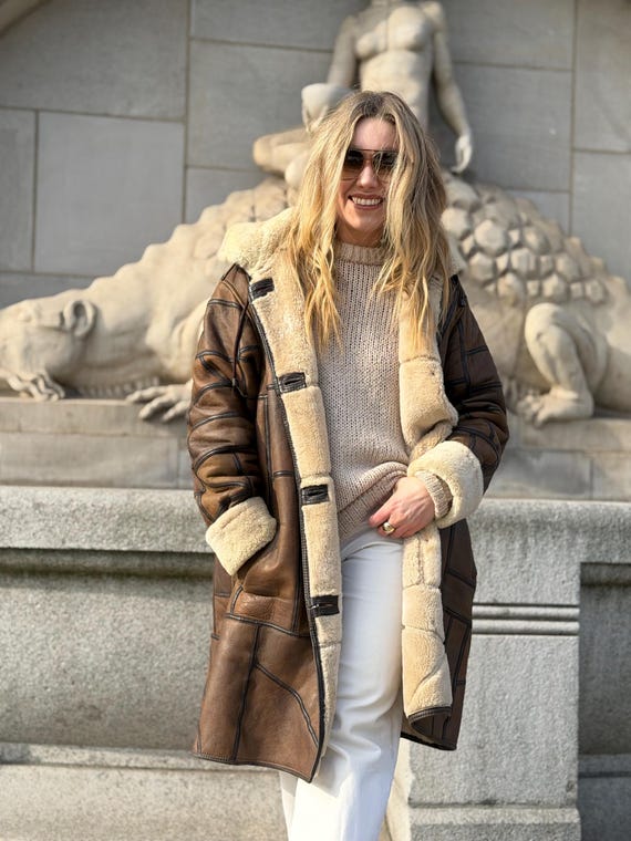 Patchwork Shearling Coat | Brown Leather Wool She… - image 6