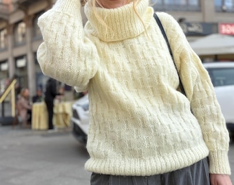 Vintage Natural Sweater Oversized Retr basic Boho classic pulower jump ecru off white creamy ivory cozy knit big turtleneck